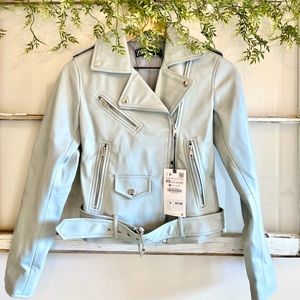 Zara Light Blue Leather Biker Jacket without tag
